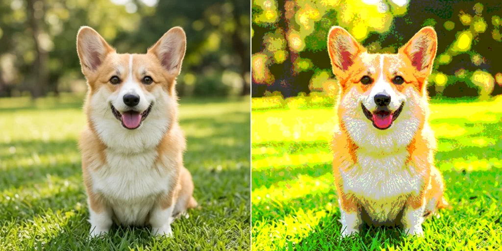 Before and after: a dog photo and a bold pop-art filter version