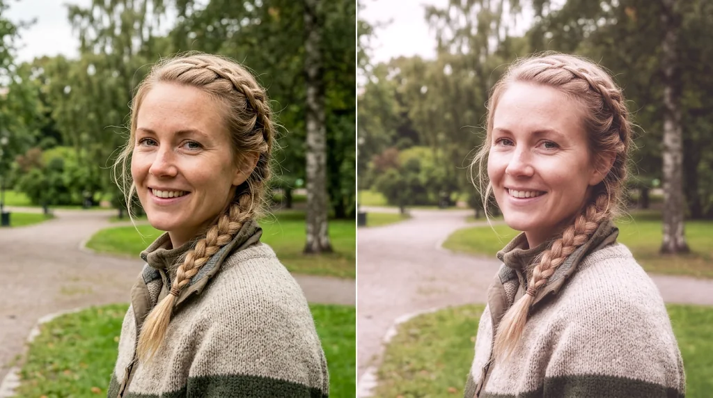 Before and after: a portrait in a park and the same portrait with a dreamy pastel AI filter
