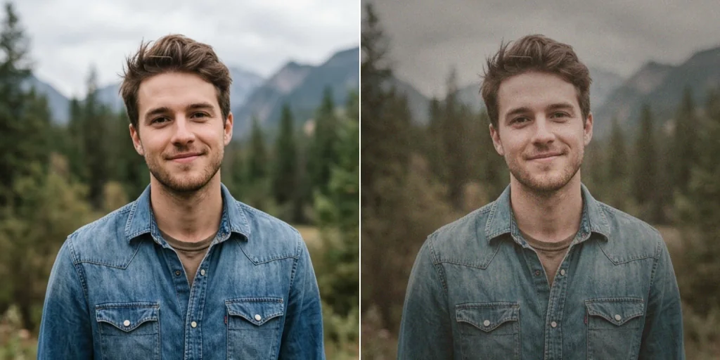 Before and after: a portrait of a young man and the same portrait with a warm film filter