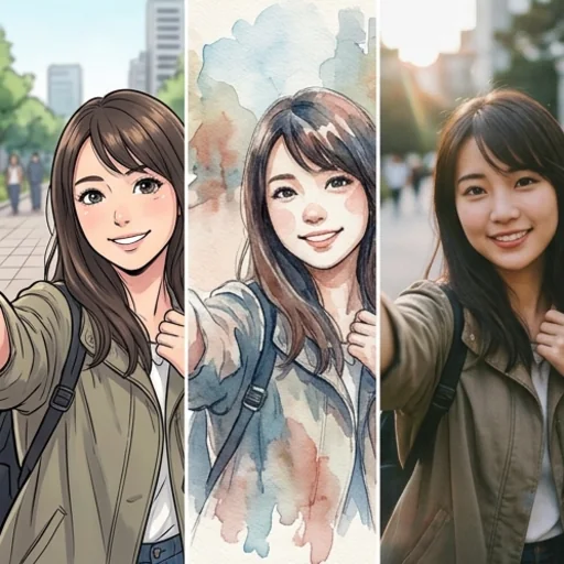 One selfie in anime, watercolour and cinematic filter versions
