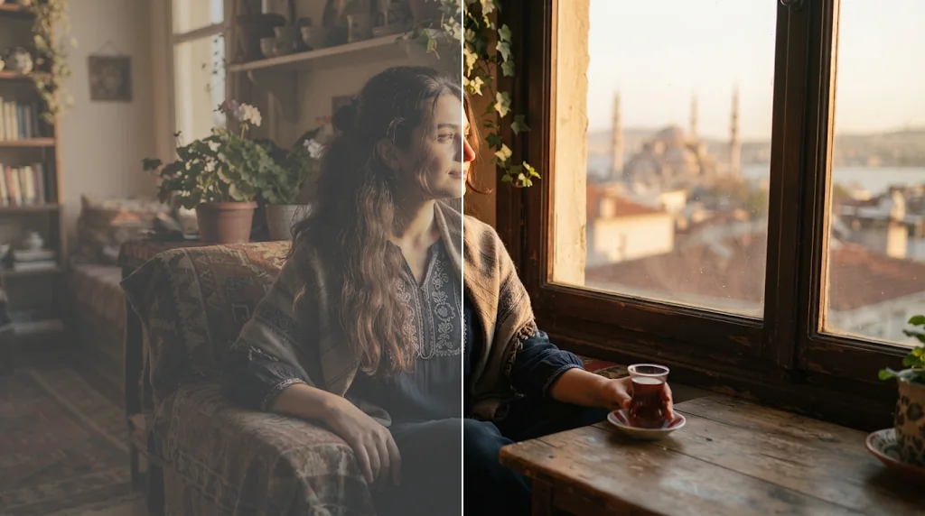 Before and after: a flat indoor portrait and the same portrait relit with warm golden-hour side light