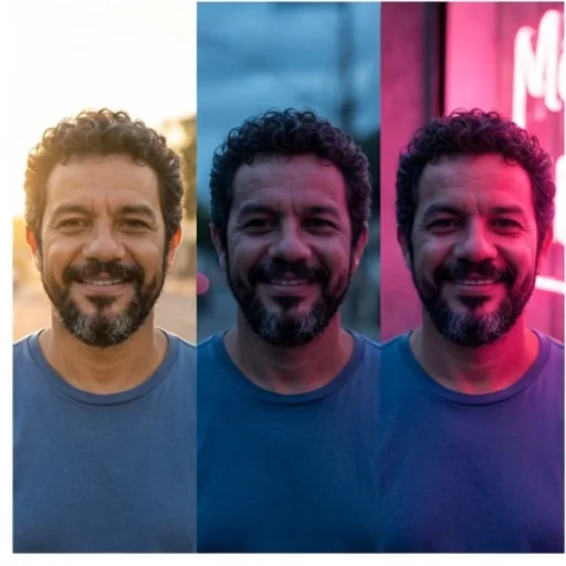 The same street portrait in sunrise, blue hour and neon light