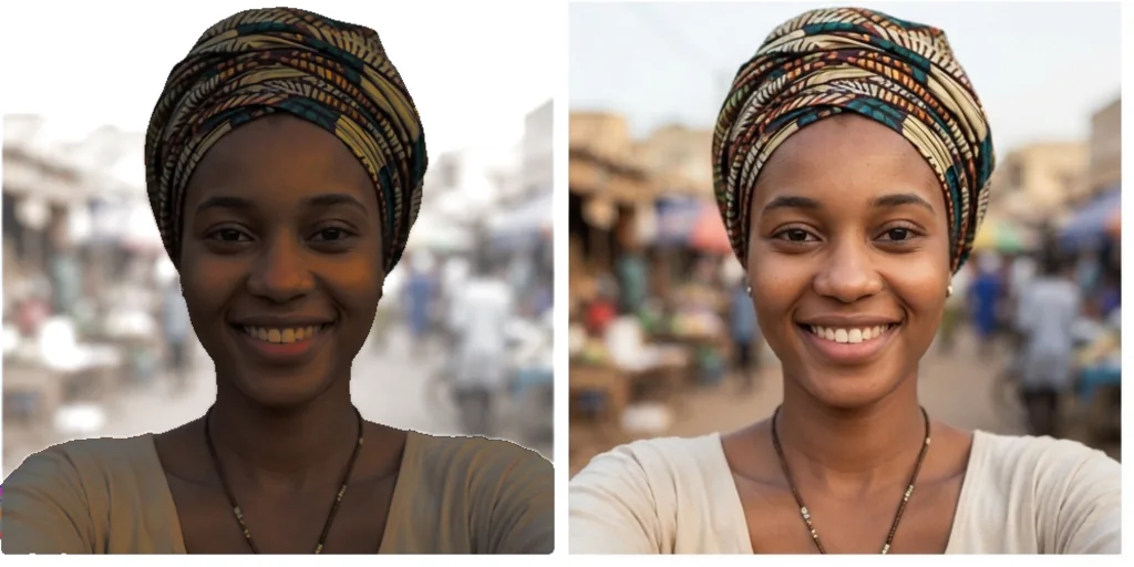 Before and after: a backlit selfie and the same selfie lit from the front