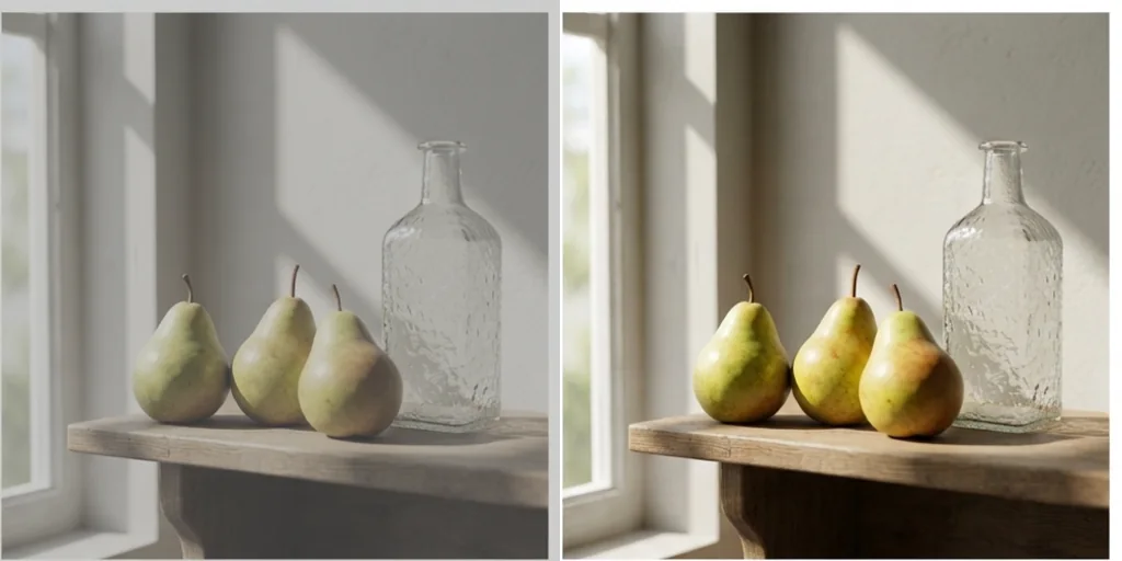 Before and after: a flat still life and the same still life with soft directional shadows