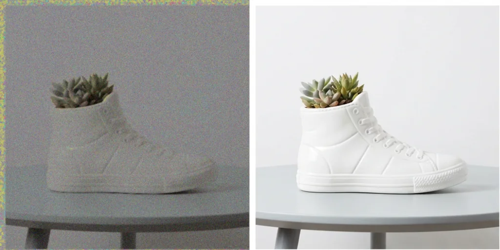 Before and after: a dim product photo and the same product in clean studio light