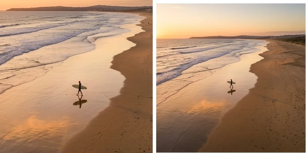 A tight beach crop extended into a wider frame around the surfer