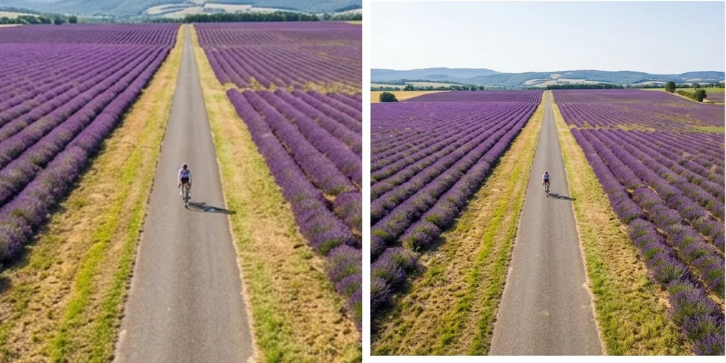 A cyclist photo extended to show more of the lavender fields