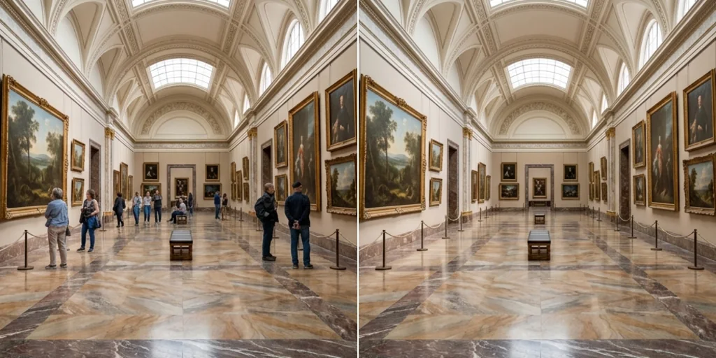 Before and after: a museum hall photo with visitors and the same hall empty