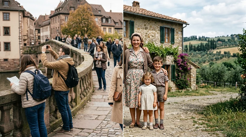 Before and after: a couple at a famous-style stone bridge with tourists behind and the same photo empty