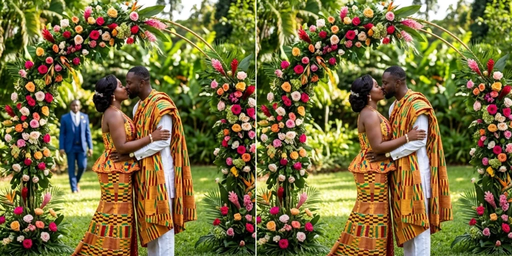 Before and after: a wedding couple with a guest walking behind and the same photo clean