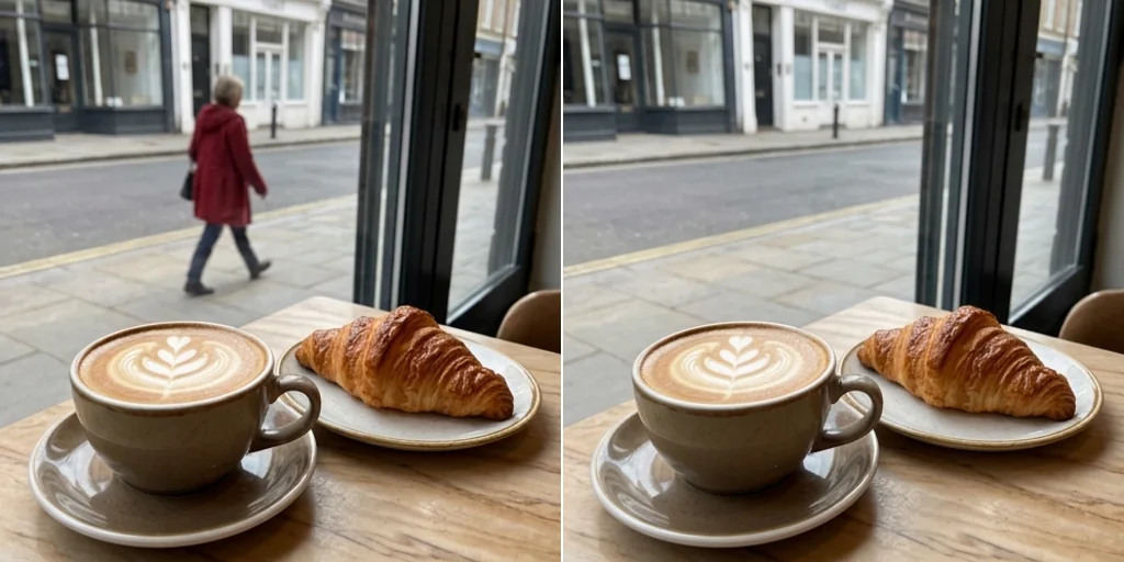 Before and after: a cafe product shot with a passer-by in the window and the same photo clean