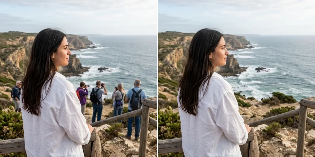 Before and after: a woman at a seaside viewpoint with tourists behind and the same photo without them