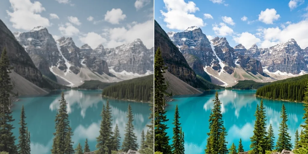 Before and after: a flat, grey photo of a mountain lake and the same photo colour-corrected