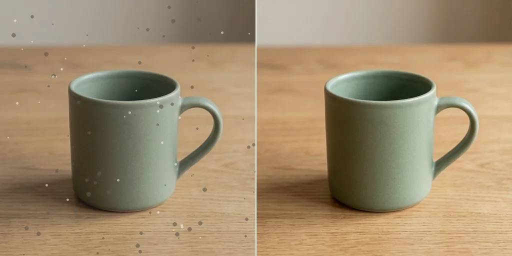 Before and after: a product photo of a sage-green ceramic mug covered in dust spots and the same photo cleaned