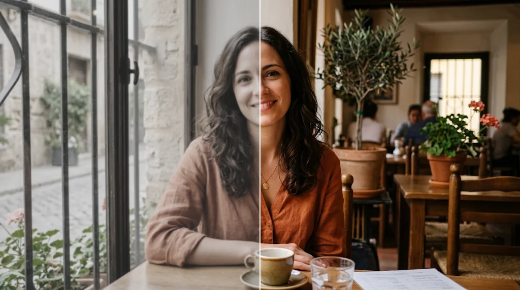 Before and after: a flat, dull portrait of a woman at a cafe table and the same portrait retouched with even skin and balanced colour