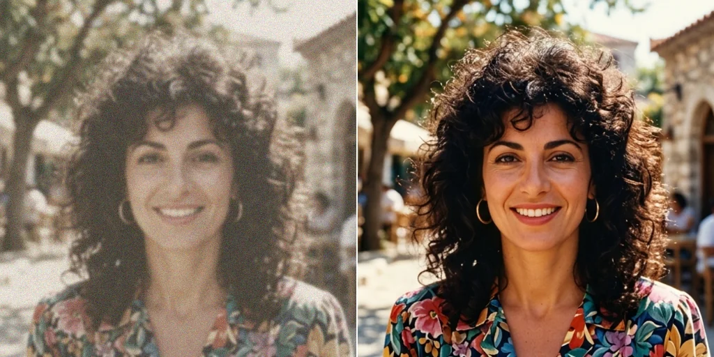 Before and after: a faded old photo of a woman and the same photo retouched