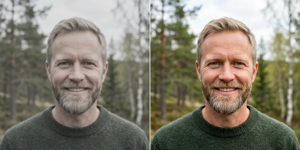 Before and after: a dull portrait of a bearded man outdoors and the same portrait retouched