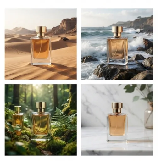The same perfume bottle in four different scenes with identical details