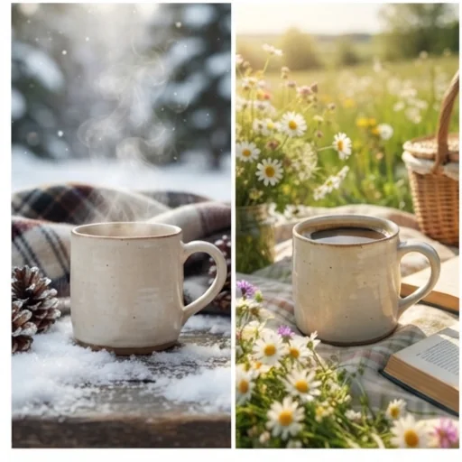 A mug shown in a winter scene and a spring picnic
