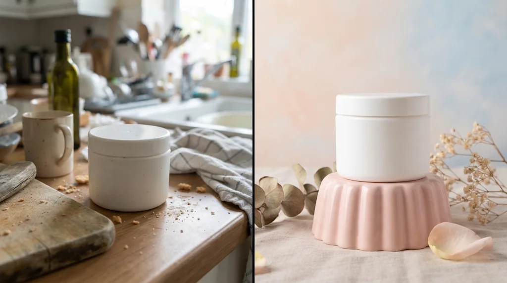 Before and after: a plain phone photo of a moisturiser jar and the same jar in a styled studio scene