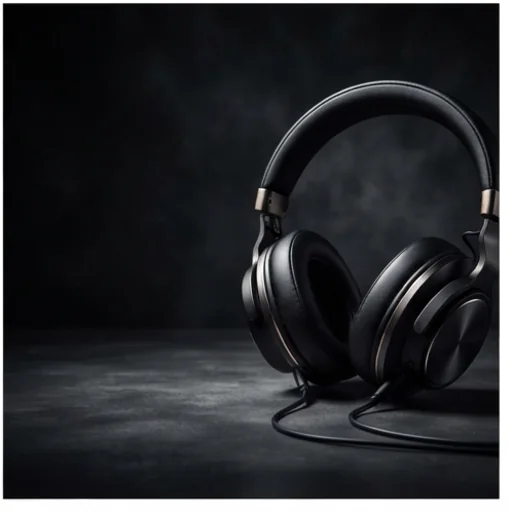 A headphone product photo with dramatic light and space for a headline