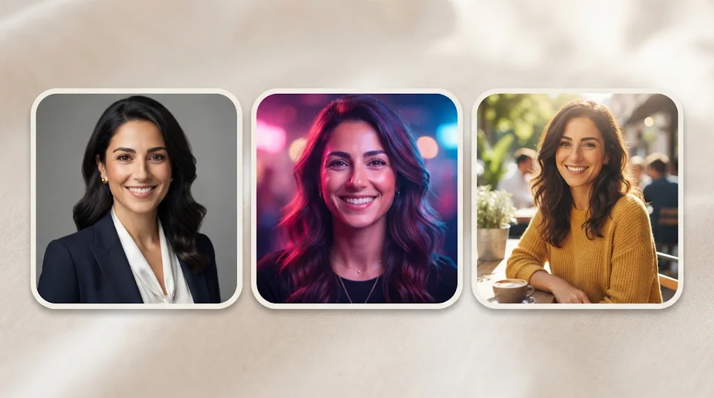 AI profile pictures of the same woman in professional, creator and casual styles