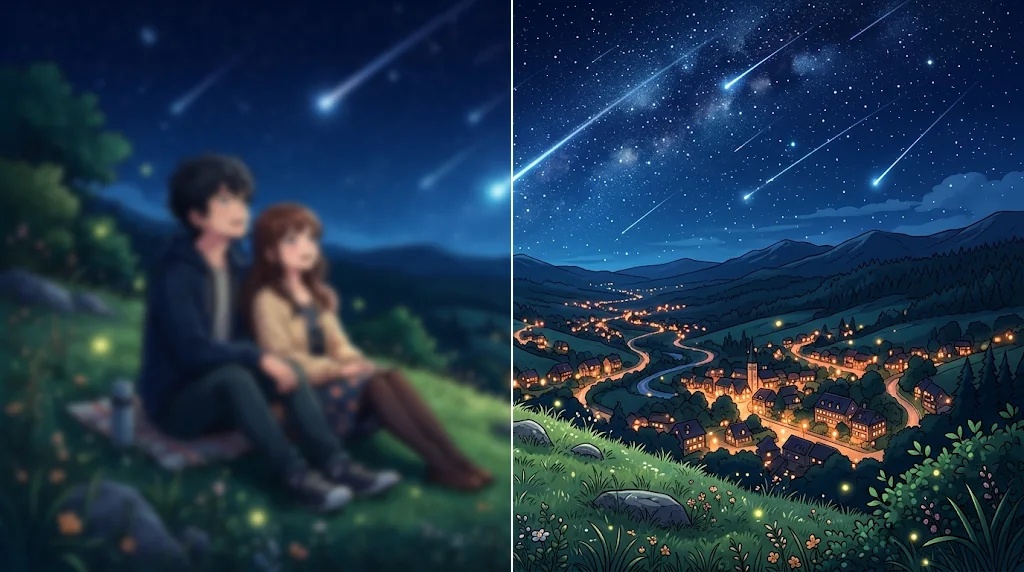 Before and after: a blurry anime illustration of two friends watching shooting stars over a valley town and the same picture upscaled with crisp lines