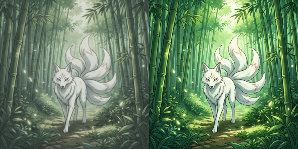 Before and after: a dull, low-quality anime fox spirit in a bamboo forest and the same picture with vivid colour