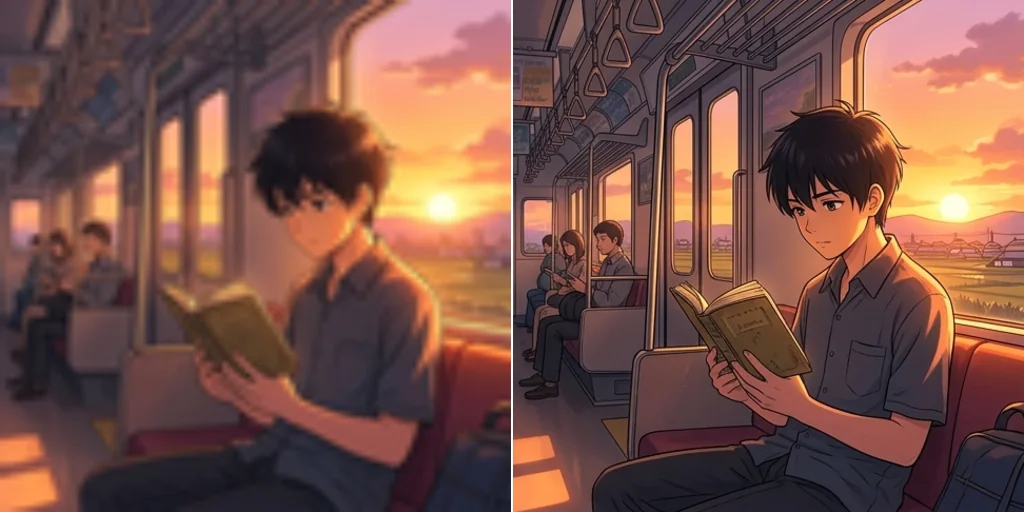 Before and after: a soft anime illustration of a boy reading on a sunset train and the same picture upscaled and sharp