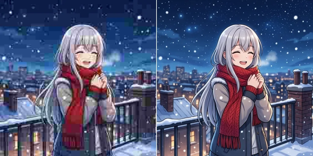 Before and after: a blocky, compressed anime illustration of a girl in a red scarf on a snowy rooftop and the same picture cleaned up
