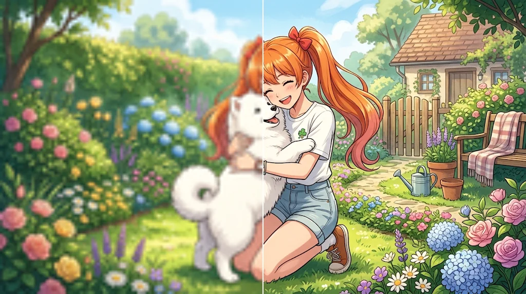 Before and after: a soft, low-resolution anime illustration of a girl hugging a white puppy in a garden and the same picture upscaled with crisp line art