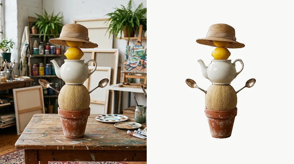 Before and after: a playful sculpture of stacked fruit and kitchen objects in a cluttered studio, and the same sculpture cut out on a clean white background