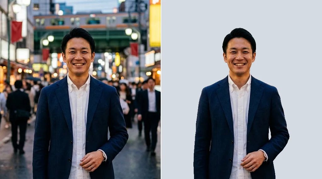 Before and after: a smiling man in a navy blazer on a busy street at dusk, and the same portrait on a plain studio background