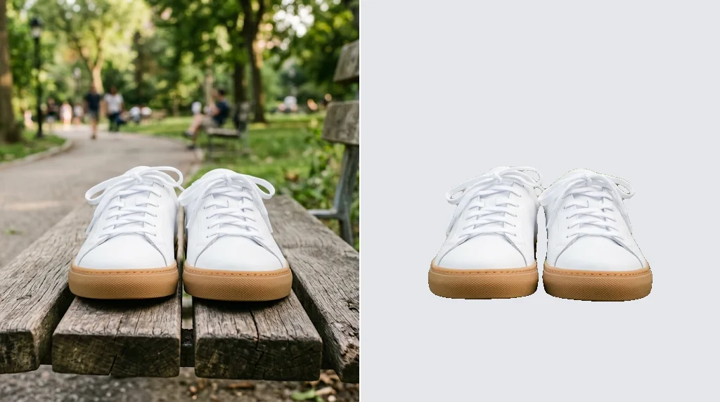 Before and after: white sneakers on a park bench, and the same sneakers cut out on a plain light grey background