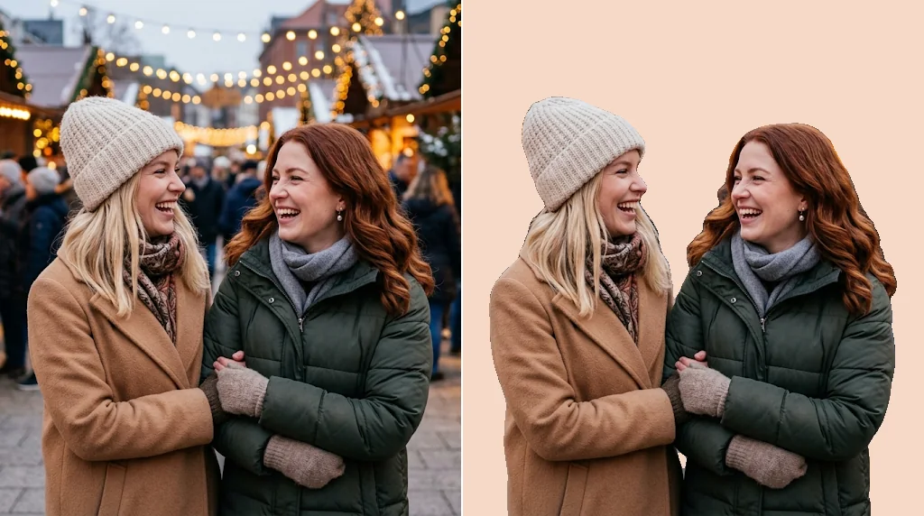 Before and after: two friends laughing at a winter market, and the same friends cut out on a soft peach background