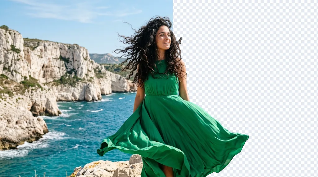 Before and after: a woman in a green silk dress on a sunny Mediterranean coast, and the same photo with the background removed to transparency