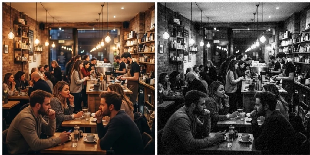 Before and after: a cafe scene in colour and in classic film black and white