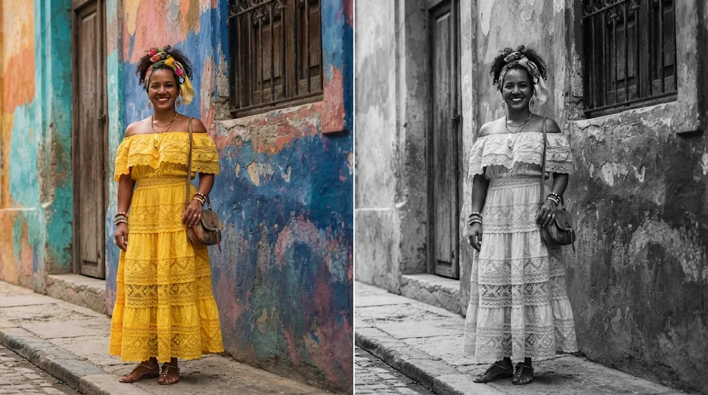 Before and after: a woman in a white dress on a colourful Havana street and the same portrait in rich black and white