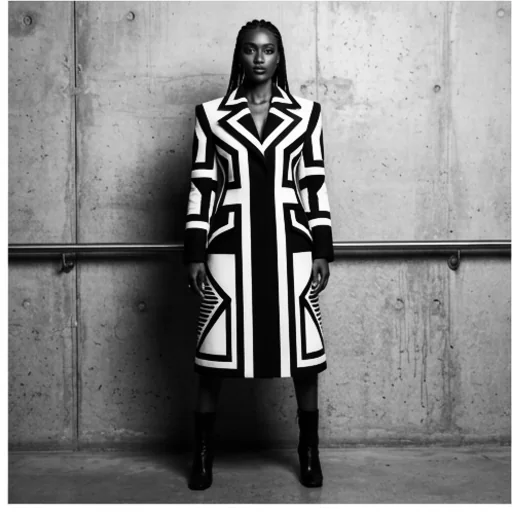 A black and white fashion photo with dramatic contrast