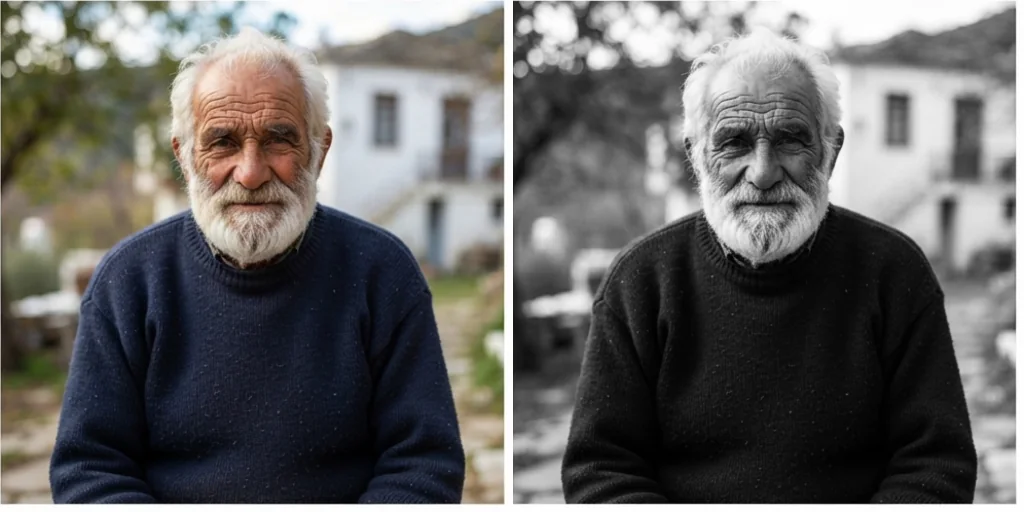 Before and after: a portrait of an older man in colour and in detailed black and white