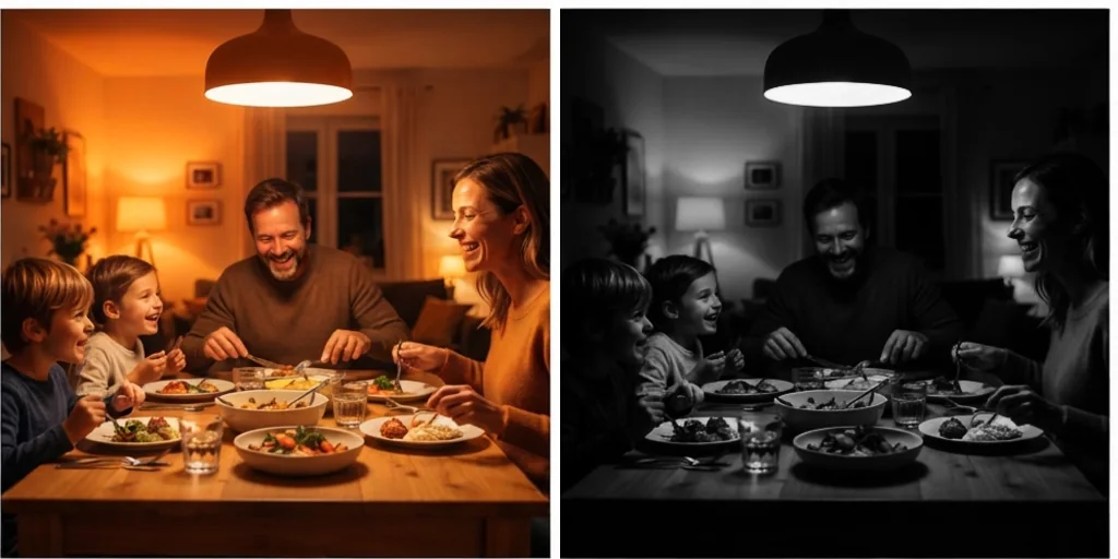 Before and after: an orange-tinted indoor photo and the same photo in clean black and white