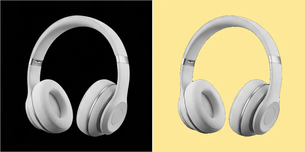Before and after: a headphone render on black and the same headphones cut out on a pastel yellow background
