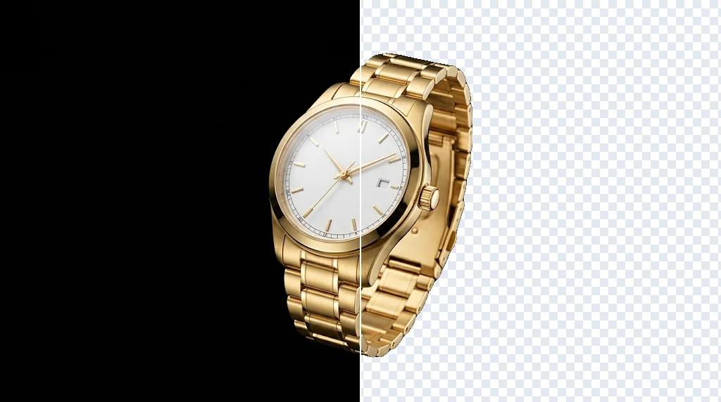 Before and after: a gold watch on a black background and the same watch on transparency
