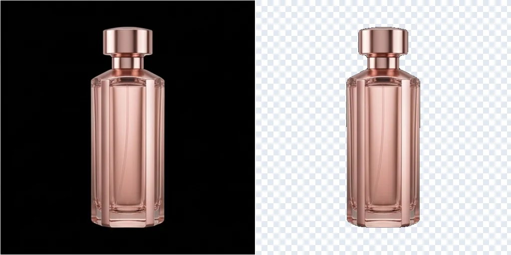 Before and after: a perfume render on black and the same bottle cut out