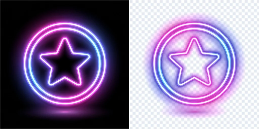 Before and after: a neon badge on black and the same badge cut out with its holes clear