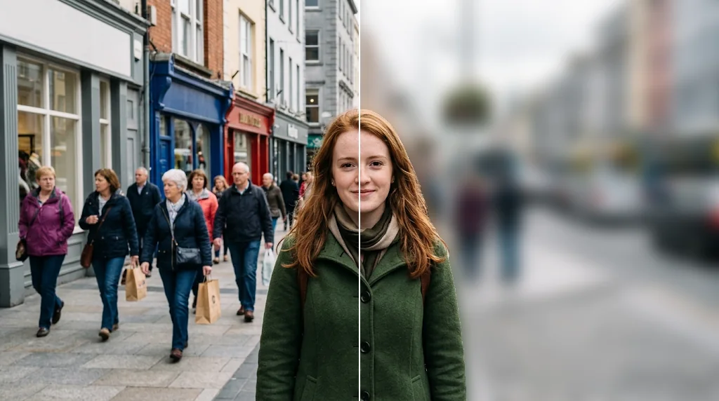 Before and after: a portrait in a busy street and the same portrait with a soft blurred background