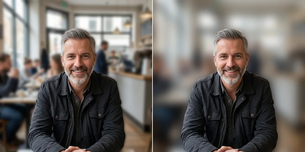The same portrait with a light and a strong background blur side by side