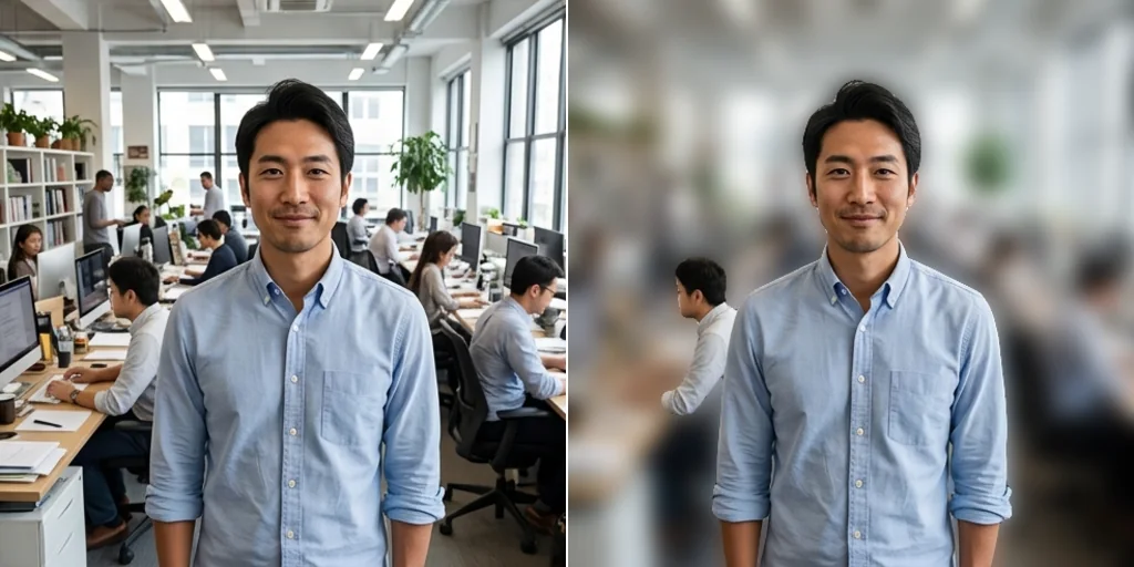 Before and after: a man in an office and the same portrait with a soft blurred office