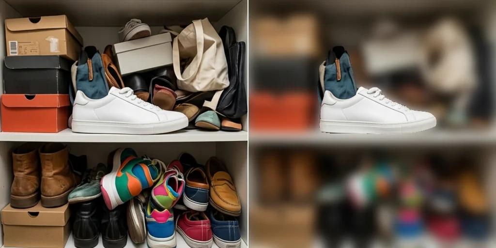 Before and after: a white sneaker on a cluttered shoe shelf and the same sneaker with the shelf blurred