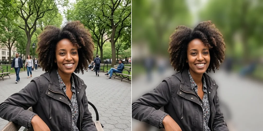 Before and after: a woman with curly hair in a park and the same photo with the park blurred